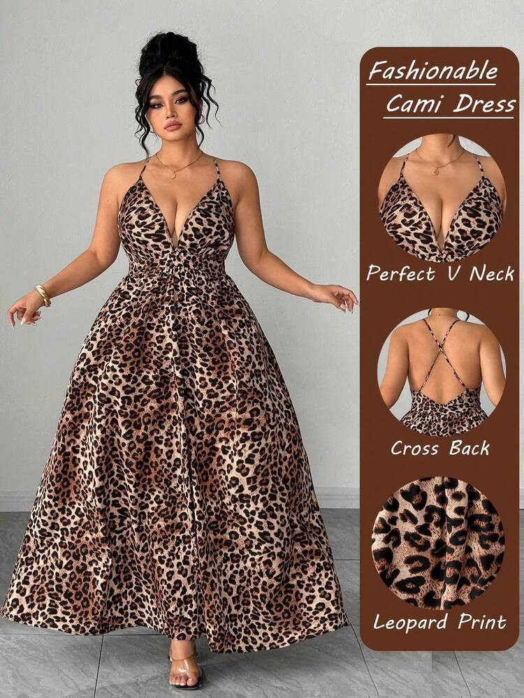 SHEIN Elenzya Women's Sexy Deep V Criss-Cross Backless Leopard Print Dress, Tropical Resort Style / High Waist Spaghetti Strap Long Dress, Slimming Daily Wear Women Vacation Dresses Cheetah Dress For Women Photoshoot Dress Women Leopard Dress Animal Print Dress Premium Dress Glam Dress For Women | SHEIN