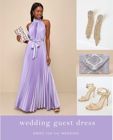 Purple maxi dress for a wedding guest, Lulus dresses on sale, perfect black tie wedding guest dress. What to wear to a formal wedding. Pleated maxi dress, lavender dress, beaded clutch for wedding guest, gold high heels, affordable shoes for wedding guests, rhinestone statement earrings. Follow us for more cute dresses, bridesmaid dresses, wedding guest dresses, wedding dresses, and bridal accessories, plus wedding decor and gift ideas! #weddingguest #cutedresses #outfitideas #weddingstyle #ootd 

#LTKSeasonal #LTKWedding #LTKFindsUnder100
