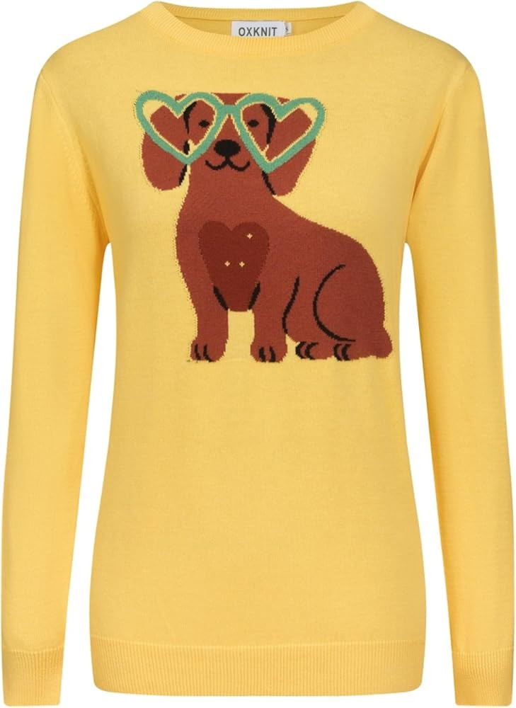 OXKnit Knit Long Sleeves Sweaters for Women, Casual Retro Glasses Dachshund Pattern Beige Crewnec... | Amazon (US)