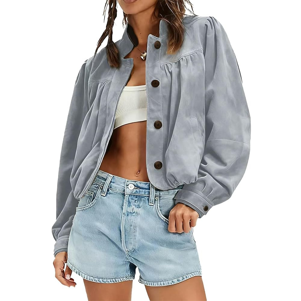 Women's Suede Cropped Pilot Jacket Puffed Sleeve Stand Up Collar Spring Autumn Button Coat Retro ... | Amazon (US)