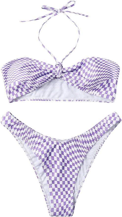 MakeMeChic Women's Plaid Checkered Halter High Cut Thong Bikini Set 2 Piece Swimsuit Bathing Suit | Amazon (US)