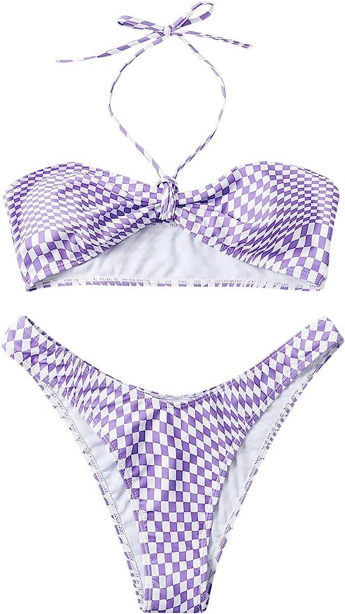 MakeMeChic Women's Plaid Checkered Halter High Cut Thong Bikini Set 2 Piece Swimsuit Bathing Suit | Amazon (US)