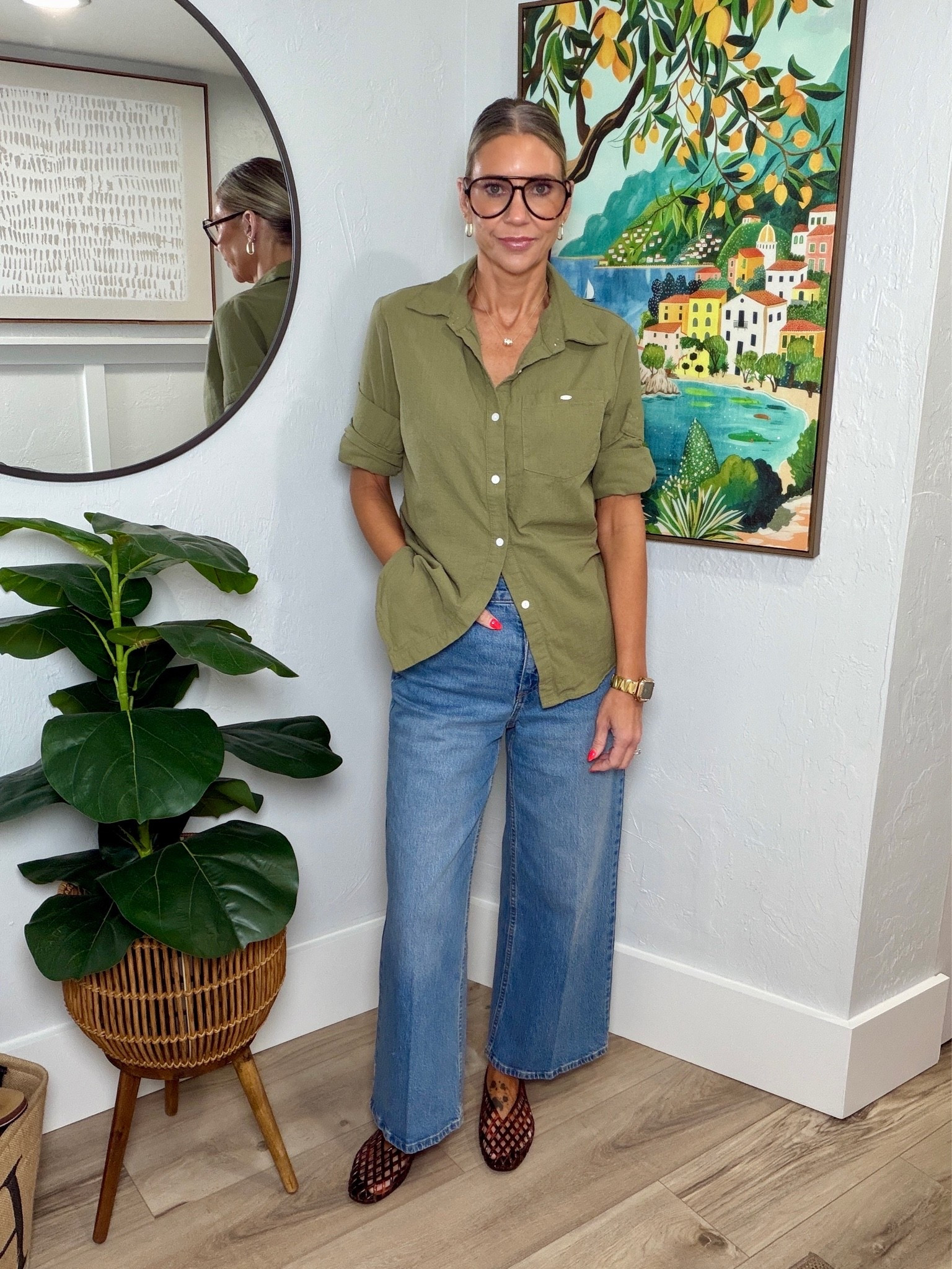I love the color of this button up from SHEIN! Fits tts

My cropped wide leg jeans are from Free Assembly at Walmart. They’ve been my most worn jeans this summer! I’m wearing a 4. 

My jellies are from Amazon.

#LTKgrwm #LTKootd #LTKOver40