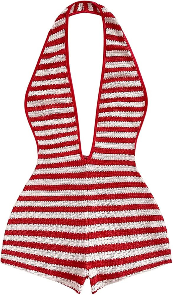 WDIRARA Women's Striped Textured Backless Halter Jumpsuits Deep V Neck Sleeveless One Piece Rompe... | Amazon (US)