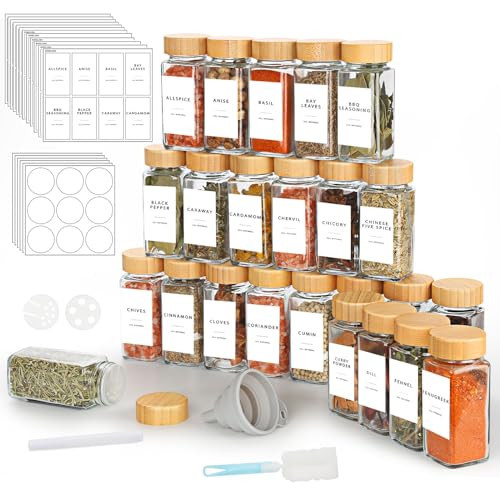 Vmglgig 24 Spice Jar, 120ml Kitchen Glass Spice Jars with Bamboo Lids,Spice Bottles for Home Kitchen Spice, Spice Containers with 246 Label, Pen, Hose Brush, Silicone Funnels (24) | Amazon (UK)