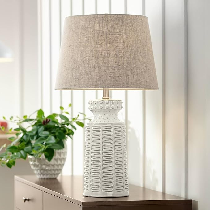 Helene Coastal Country Cottage Table Lamp Ceramic Rustic 26" High Cream White Glaze Linen Tapered... | Amazon (CA)