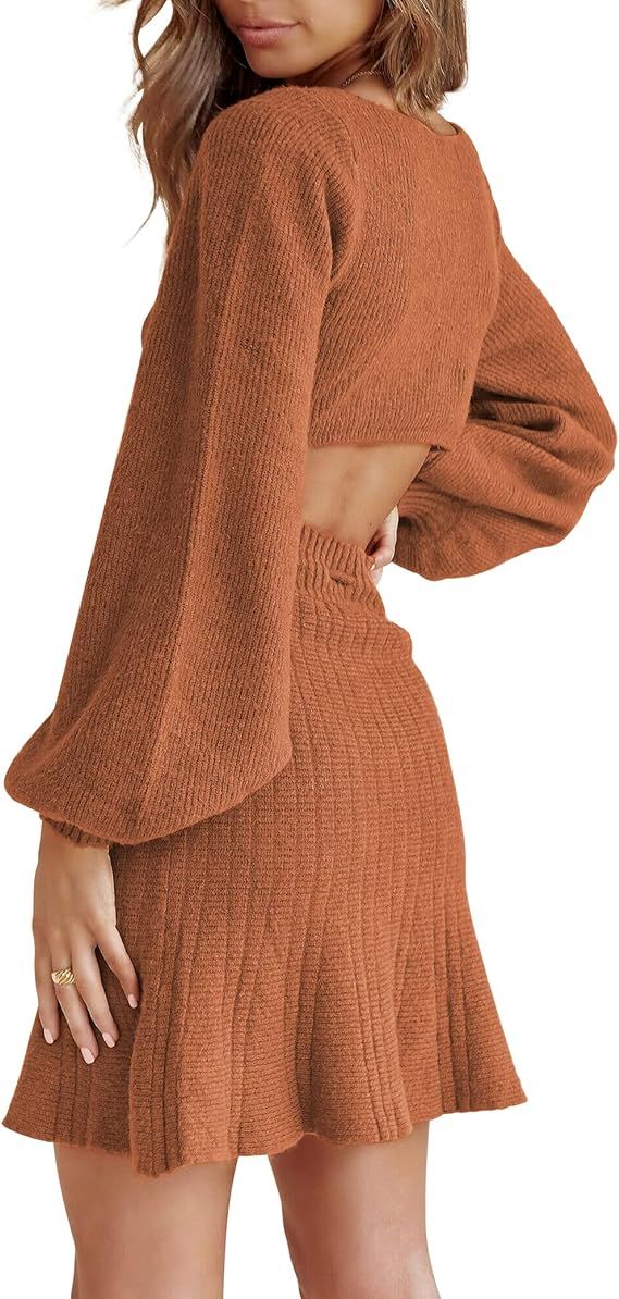THANTH Women's Elegant Cutout Backless Short Sweater Dress Drawstring Lantern Long Sleeve Ruffle ... | Amazon (US)