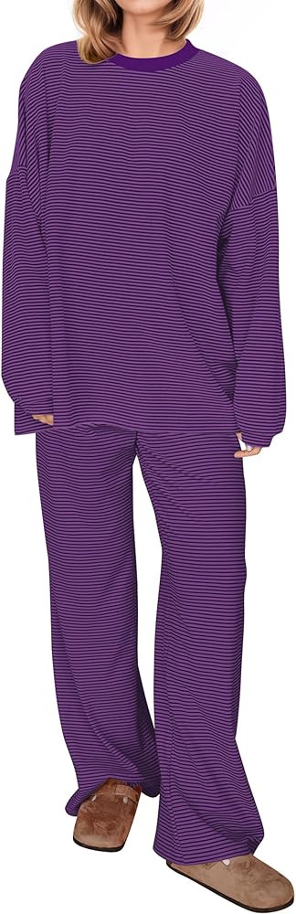 MISSACTIVER Women's 2 Piece Striped Lounge Set Long Sleeve Oversized T-Shirt Wide Leg Pants Match... | Amazon (US)