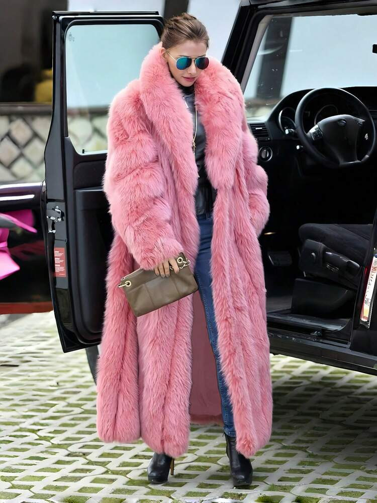 Luxury Women's Long Faux Fur Coat, Oversized Fit, Waterfall Collar, Flowing Winter Outerwear | SHEIN