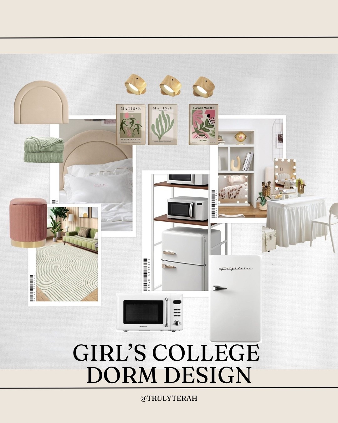 Boho chic girls college dorm room design!! All the must haves you need from desk storage, under bed cafe curtains to hide things, washable rug, and no nails headboard. 

#college #dorm #amazon #finds