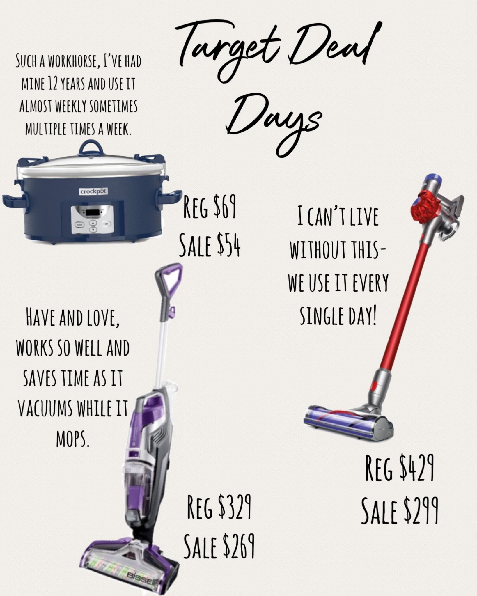 Target deal days
Home deal favorites
I have all of these and use them often
Cordless Dyson I use every single day
Vacuum mop combo saves times and is more efficient
I use my crockpot weekly sometimes multiple times a week. Mine is 12 years old and going strong

Clean house
Family time
Dinner time 

#LTKsalealert #LTKhome #LTKfamily