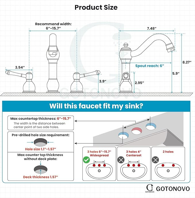 gotonovo 8 Inch Widespread Bathroom Faucets for Sink 3 Hole 2 Lever Handle Deck Mount with Pop Up... | Amazon (US)