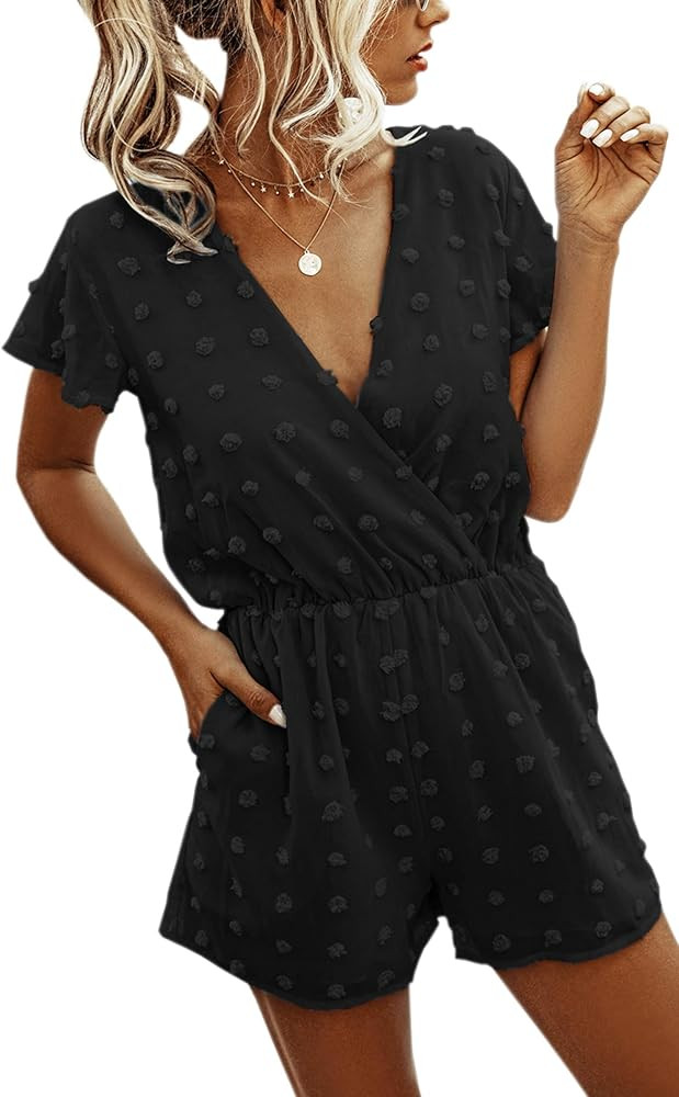 Angashion Women’s Rompers-Summer Deep V Neck Wrap Floral Polka Dot Short Sleeve Beach Short Jumpsuit | Amazon (US)