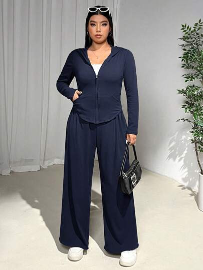 SHEIN EZwear 2pcs Plus Size Women Set: Coffee Brown Slimming Tongue Hem Zippered Jacket + Elastic... | SHEIN