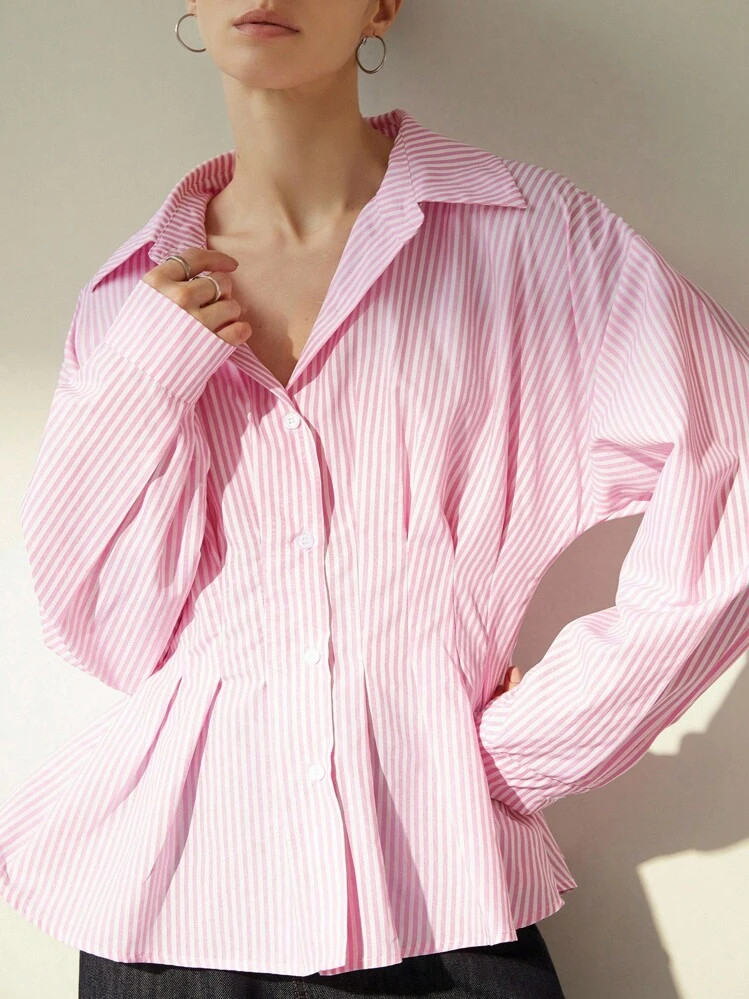 Aveloria Modichic Striped Commuter Chic Waist Cinched Collared Long Sleeve Shirt | SHEIN