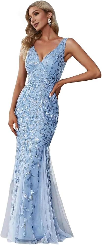 Sheath/Column Elegant Women's Formal Dress V Neck Sleeveless Prom Dress Sequin Tulle Evening Gown... | Amazon (US)
