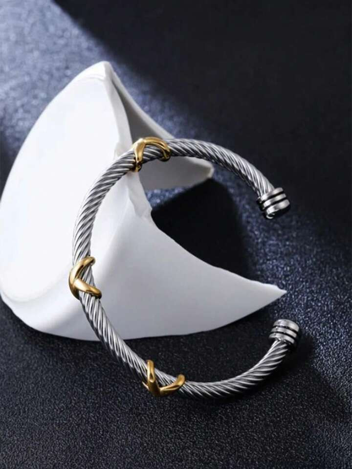 1pc Europe And America Trendy Titanium Steel Personalized Twisted Steel Wire Open Cuff Bangle For... | SHEIN
