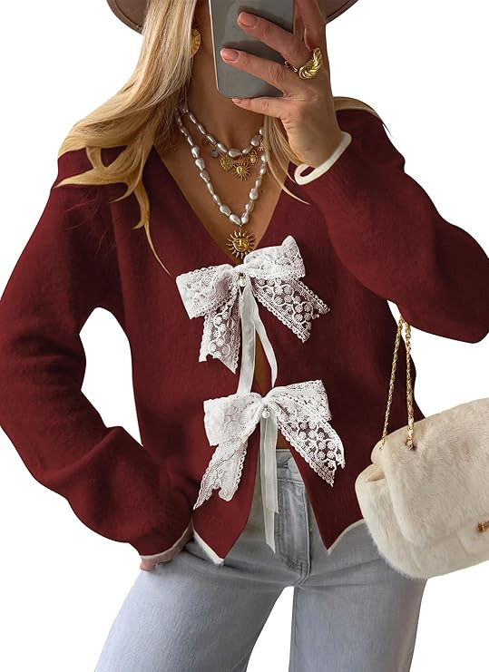 Cakulo Womens Bow Tie Sweater V Neck Cardigan Sweaters Lightweight Fall Fashion Knit Cardigans Wi... | Amazon (US)