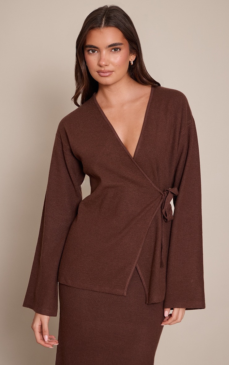 Chocolate Long Sleeve Wrap Cardigan | PrettyLittleThing UK