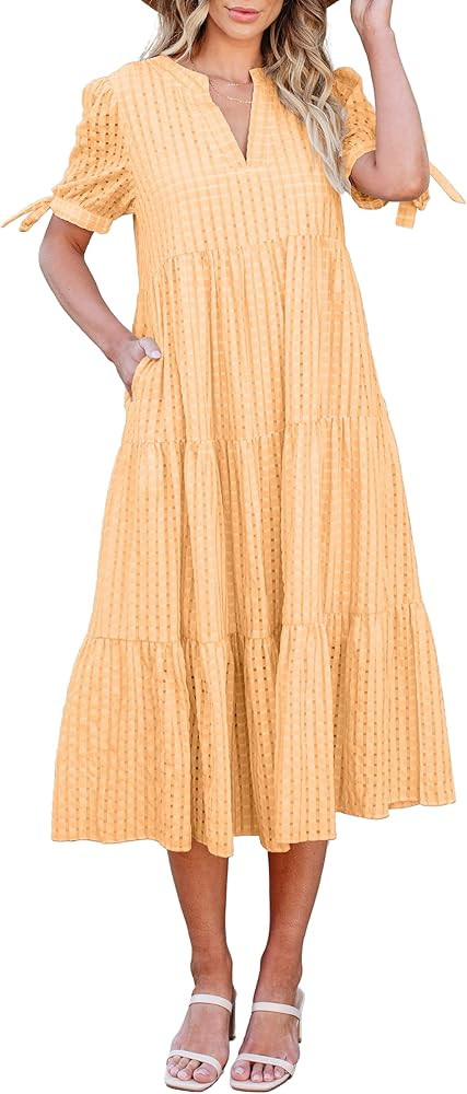 ECOWISH Women Summer Casual Dress - V Neck Short Sleeve Gingham Midi Pleated Tiered Loose Fit Hol... | Amazon (US)