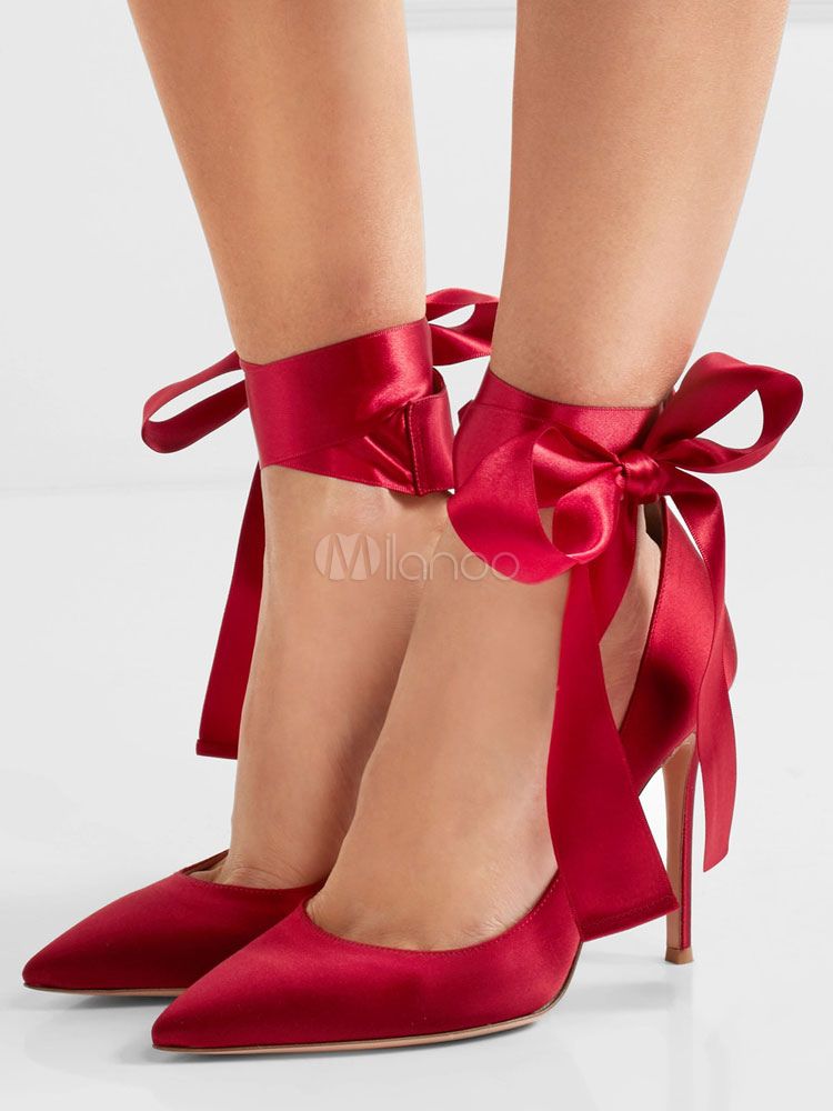 Red Satin Pumps Pointed Toe Stiletto Strappy Tie Leg Women's High Heel Shoes | Milanoo