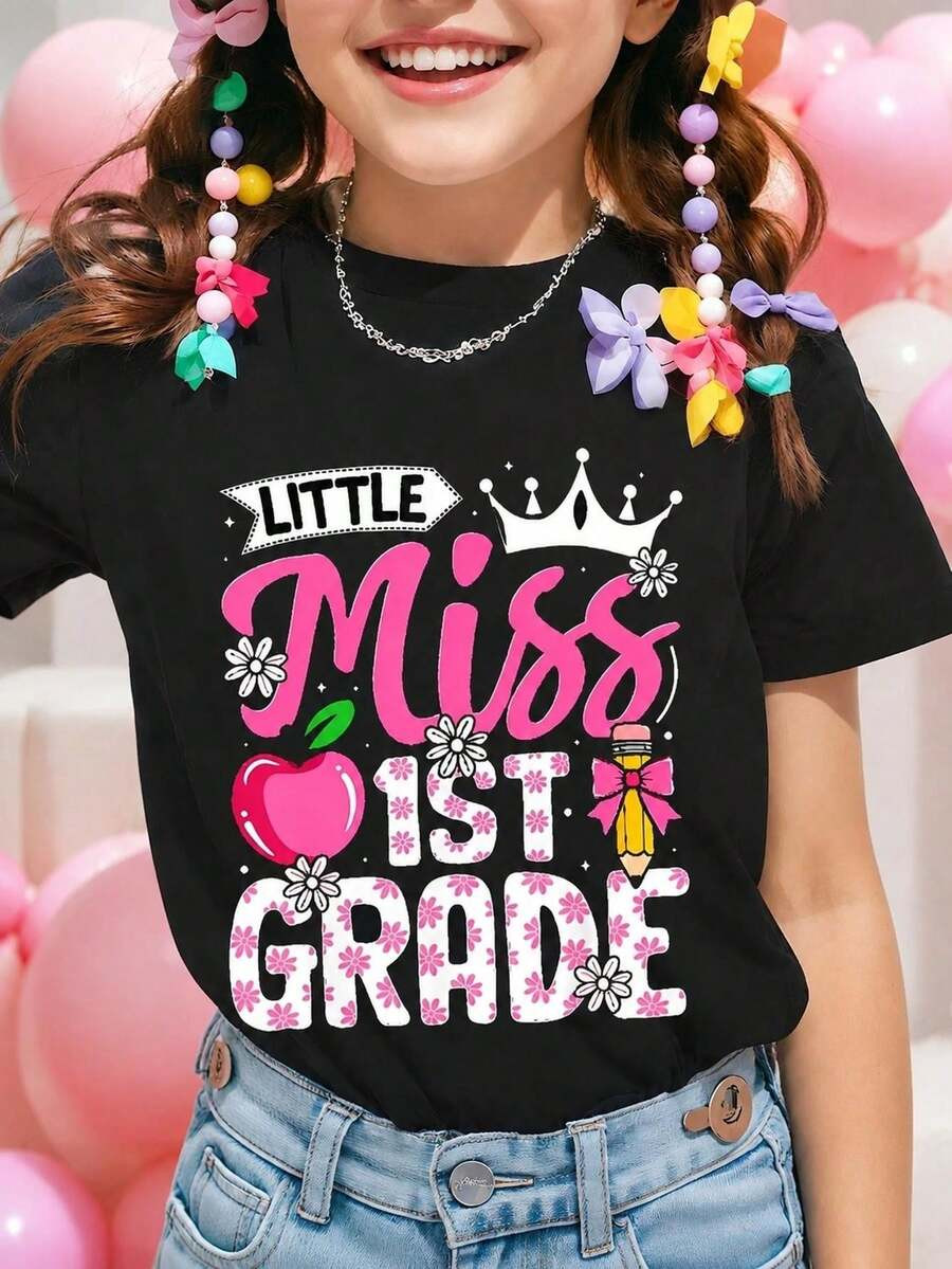 100% Cotton Kids Girls Clothing Cute Tops, Little Miss 1st Grade Apple Crown Graphic Tees, Tween Girl Clothes Casual Shirts For Teen Girls | SHEIN