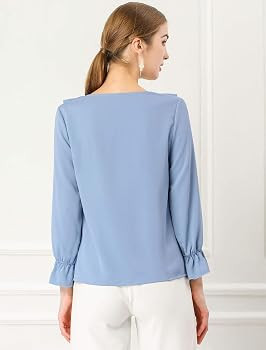 Allegra K Women's Ruffle Blouse for Business Work Elegant V Neck Long Sleeve Casual Dressy Top | Amazon (US)