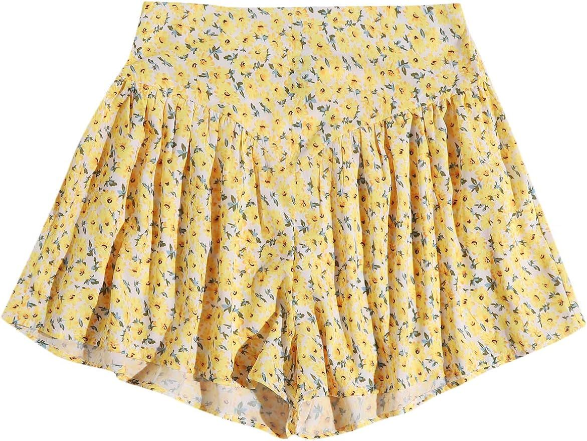 Milumia Women Boho Ditsy Floral Print Wide Leg Shorts Mid Waisted Flowy Shorts | Amazon (US)