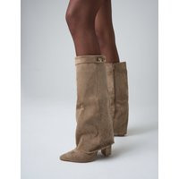 Say Yes Beige Faux Suede Padlock Fold Over Knee High Boots | Public Desire