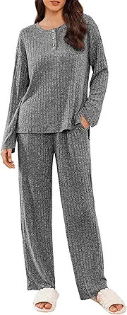 Ekouaer Womens Ribbed Knit Lounge Set Long Sleeve Henley Neck Top and Long Pants Two Piece Soft S... | Amazon (US)