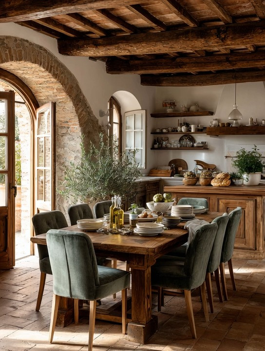 Italian kitchens have a way of feeling beautiful without even trying.

There is no clutter. No overstyling. Just natural materials, thoughtful details, and pieces chosen to be lived with for decades rather than seasons.

At the center of it all is often a substantial wooden dining table. A table that gathers family, conversations, celebrations, and everyday moments. Wood has a grounding quality that instantly makes a space feel warm, welcoming, and timeless.

Then come the chairs.

These beautiful sage green velvet dining chairs add the perfect balance of comfort and elegance. Velvet brings softness and luxury, while sage green introduces a calming connection to nature. Paired with olive trees, natural wood, stone, and warm light, the color feels completely at home.

The result isn't a dining room that looks decorated.

It's a dining room that feels lived in, loved, and effortlessly beautiful.

Steal this Italian-inspired formula: natural wood, velvet seating, olive trees, and timeless materials that only get better with age.

#DiningRoomDecor #ItalianStyleHome #VelvetDiningChairs #ElegantAndDriven 

 #LTKHome