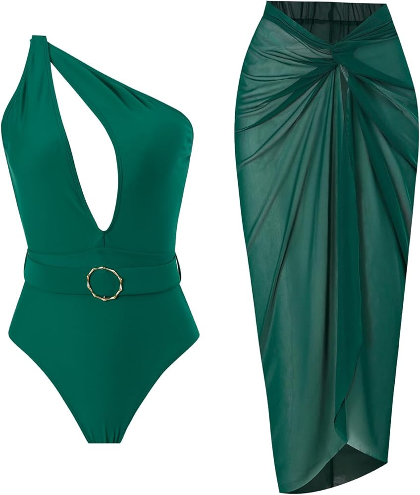 IDOPIP Women's One Piece Swimsuit with Beach Cover up Wrap Skirt Sarong Retro Floral Print Bikini... | Amazon (US)