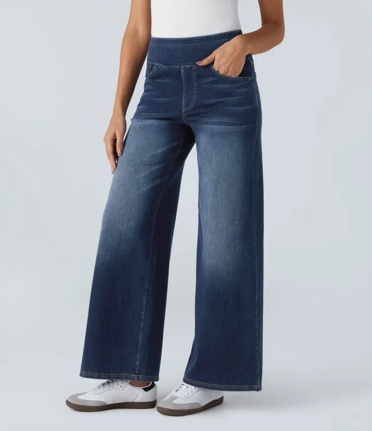 Halara Flex™ High Waisted Pockets Baggy Wide Leg Washed Casual Jeans | HALARA