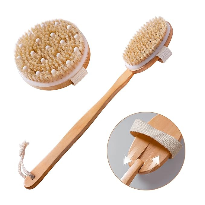 Dry Brushing Body Brush Set of 2, Natural Bristle Dry Skin Exfoliating Brush, Long Handle Back Sc... | Amazon (US)