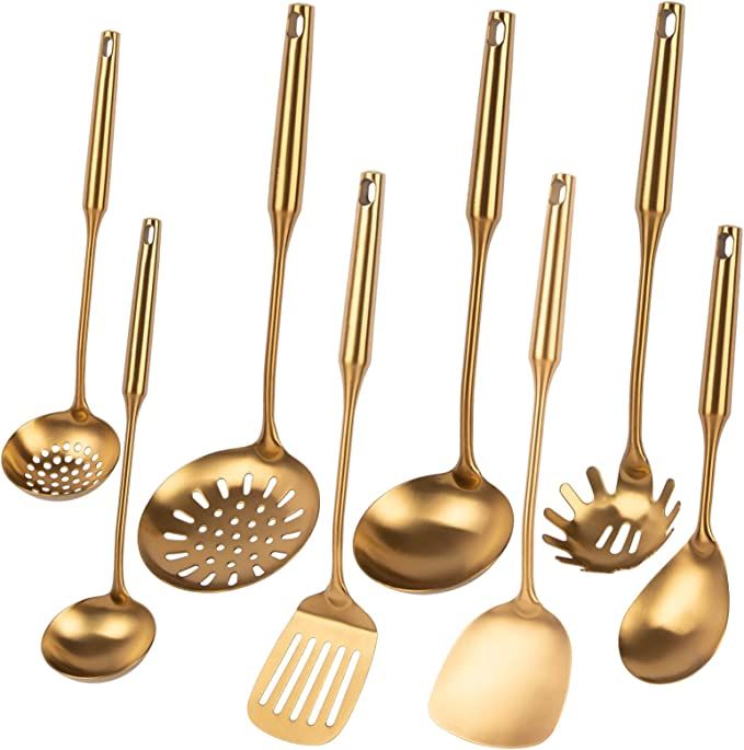 Gold Kitchen Utensils Set, 8 PCS 304 Stainless Steel All Metal Cooking Tools - Spatula, Soup Ladl... | Amazon (US)