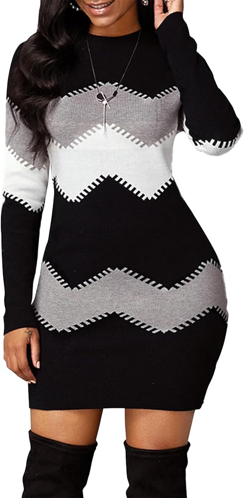 PEHMEA Women's Knitted Striped Bodycon Mini Sweater Dress Long Sleeve Crew Neck Fall Winter | Amazon (US)