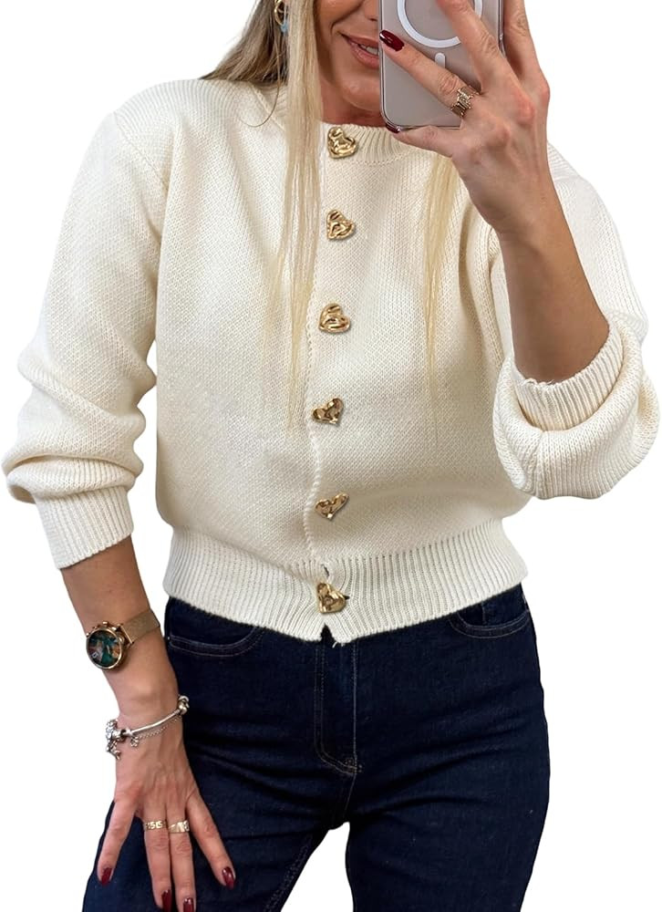 Women’s Knit Cardigan Sweater with Heart Buttons, Casual Button Down Knitwear Long Sleeve Cropp... | Amazon (US)