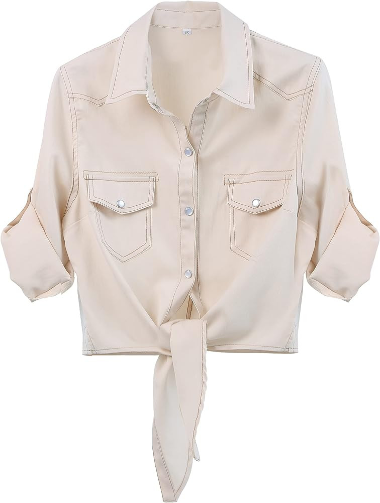 Omoone Women's 3/4 Sleeve Denim Crop Top Tie Knot Shirt Cardigan | Amazon (US)