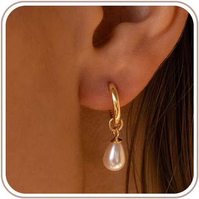 Gold Pearl Earrings for Women Trendy Hypoallergenic 14K Plated Gold Hoop Huggie Earrings Dainty F... | Amazon (US)