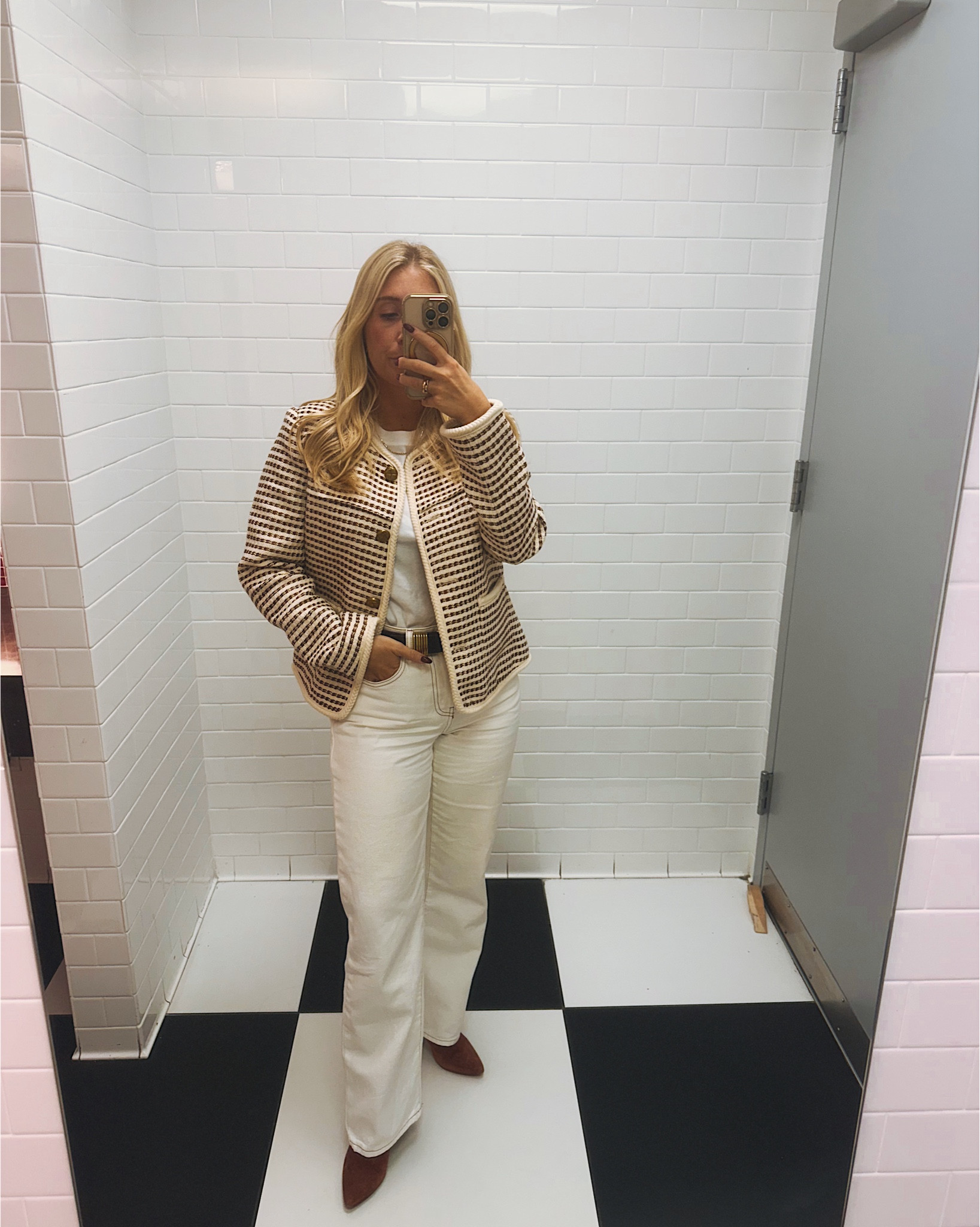 all white outfit - perfect for fall with a mix of neutrals and chocolate browns blazer. Love a boot, Jean, blazer combo for the office this fall 🤎

#LTKSeasonal #LTKWorkwear #LTKStyleTip