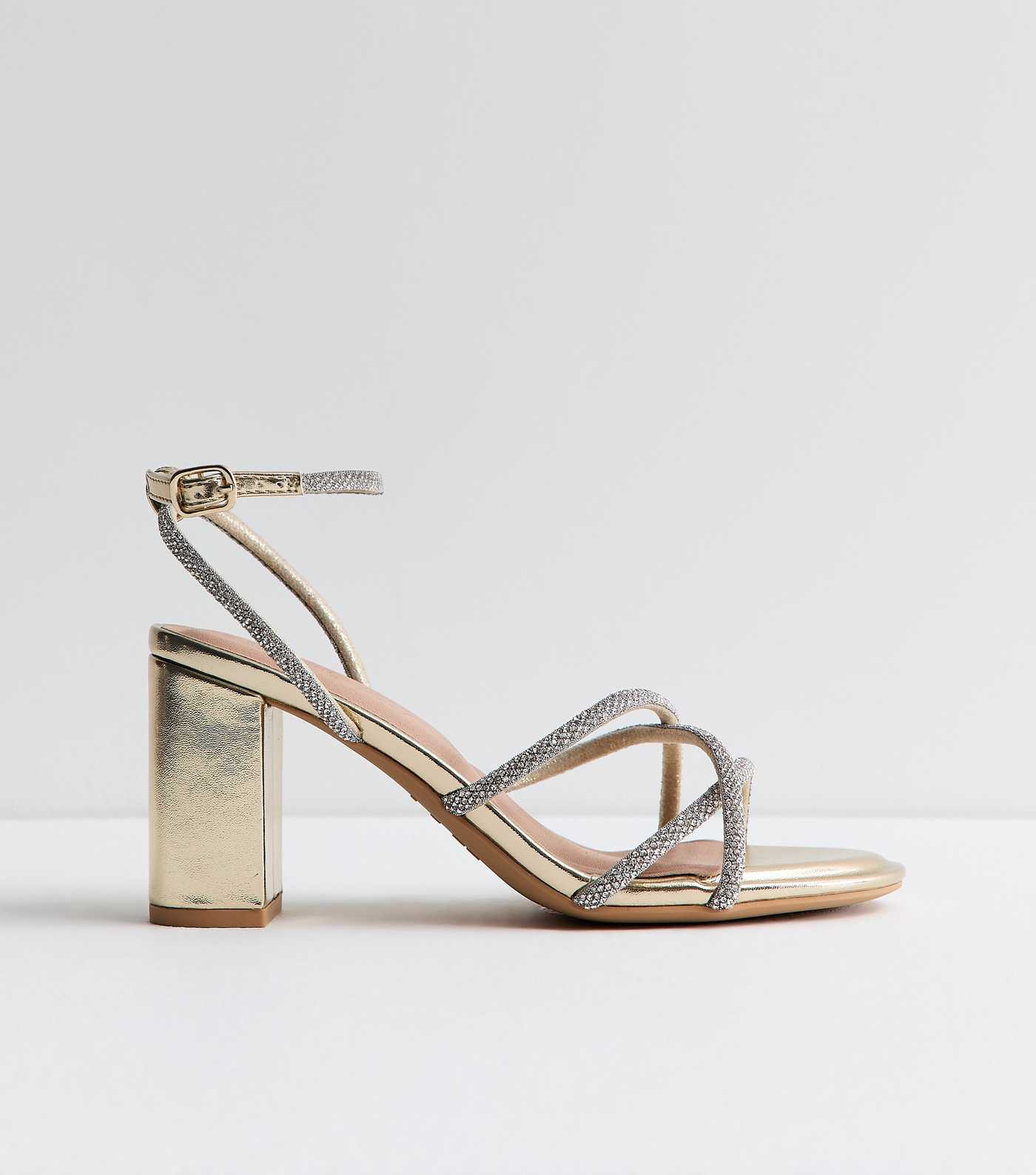 Wide Fit Gold Diamanté Strap Block Heel Sandals | New Look | New Look (UK)