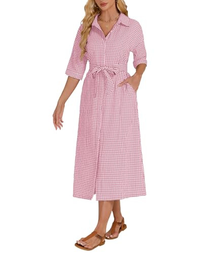 Women's Half Sleeve Plaid Maxi Dress 2026 Spring Summer Gingham Casual Button Down Long Loose Bel... | Amazon (US)