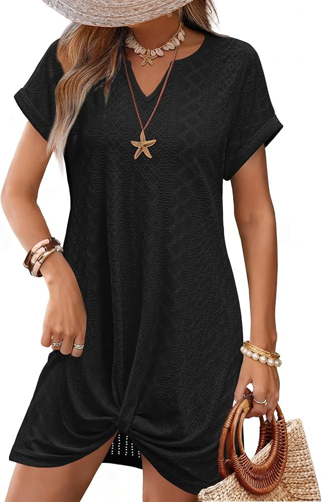 Swimsuit Cover Up Eyelet Short Sleeve Summer Dresses for Women Twisted Beach Vacation Clothes | Amazon (US)