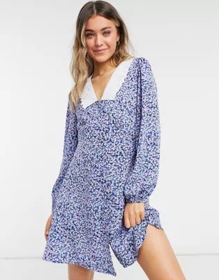 New Look embroidered collar mini dress in blue ditsy floral | ASOS (Global)