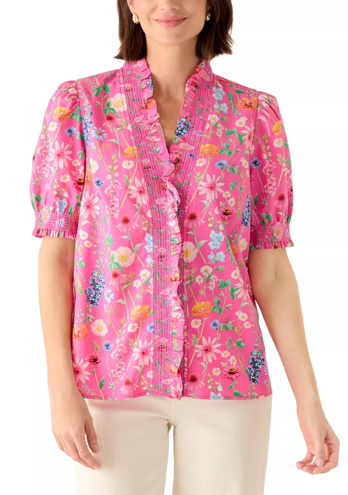 Women's Short Sleeve Smocked Ruffle Neck Top | Belk