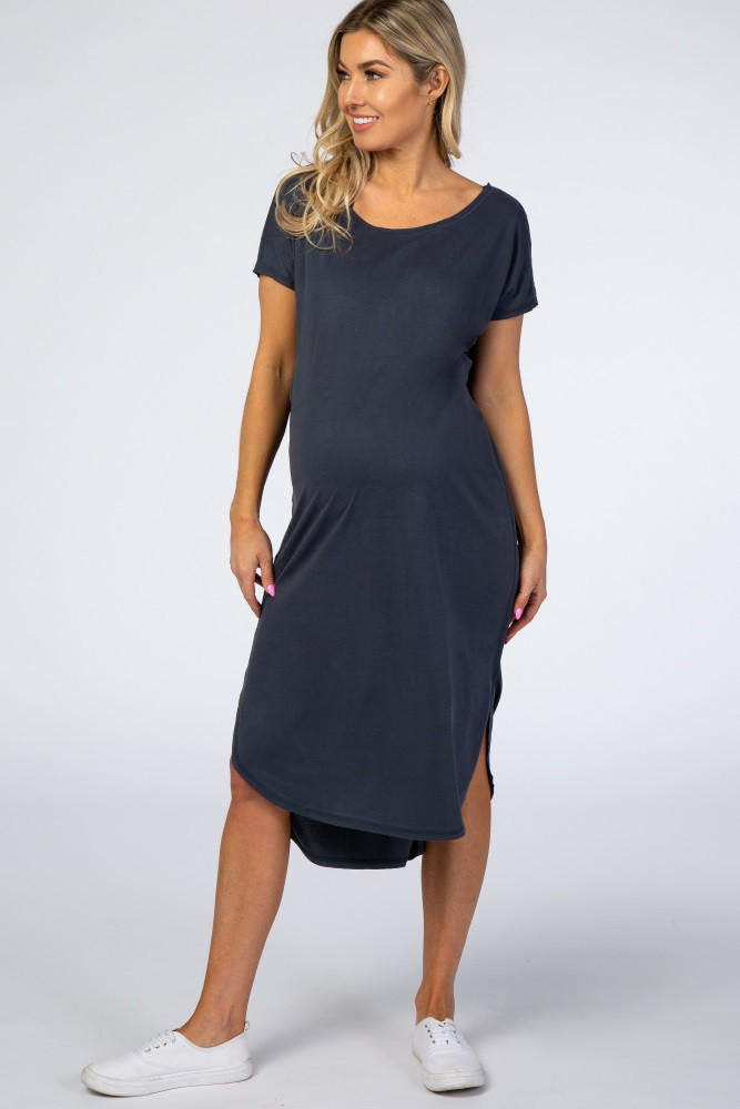 Navy Faded Curved Hem Maternity Midi Dress | PinkBlush Maternity