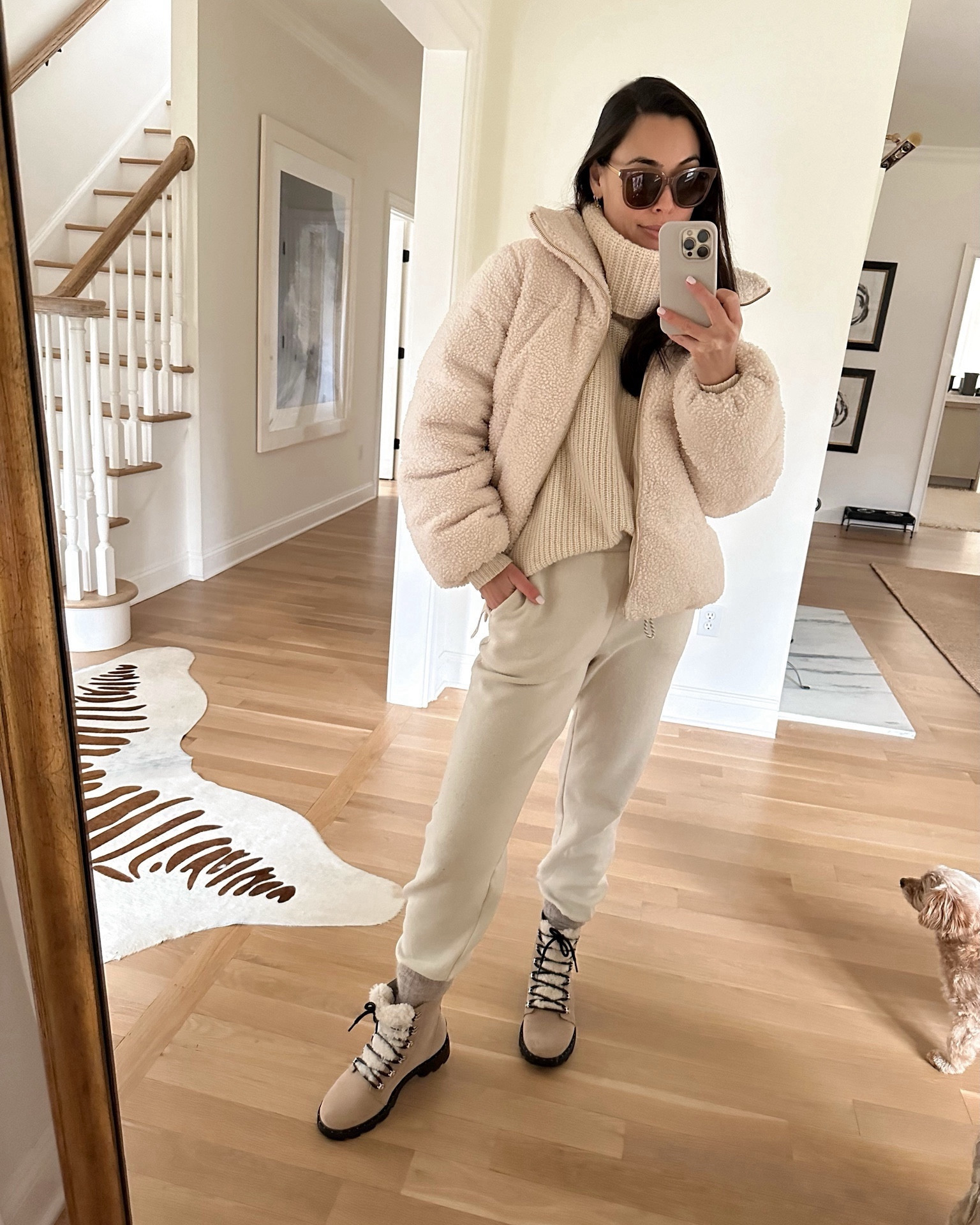 Kat Jamieson wears a casual winter outfit. Winter outfits, puffer jacket, winter jacket, snow boots, booties, jogger pants, sweatpants, turtleneck. 

#LTKstyletip #LTKSeasonal #LTKshoecrush