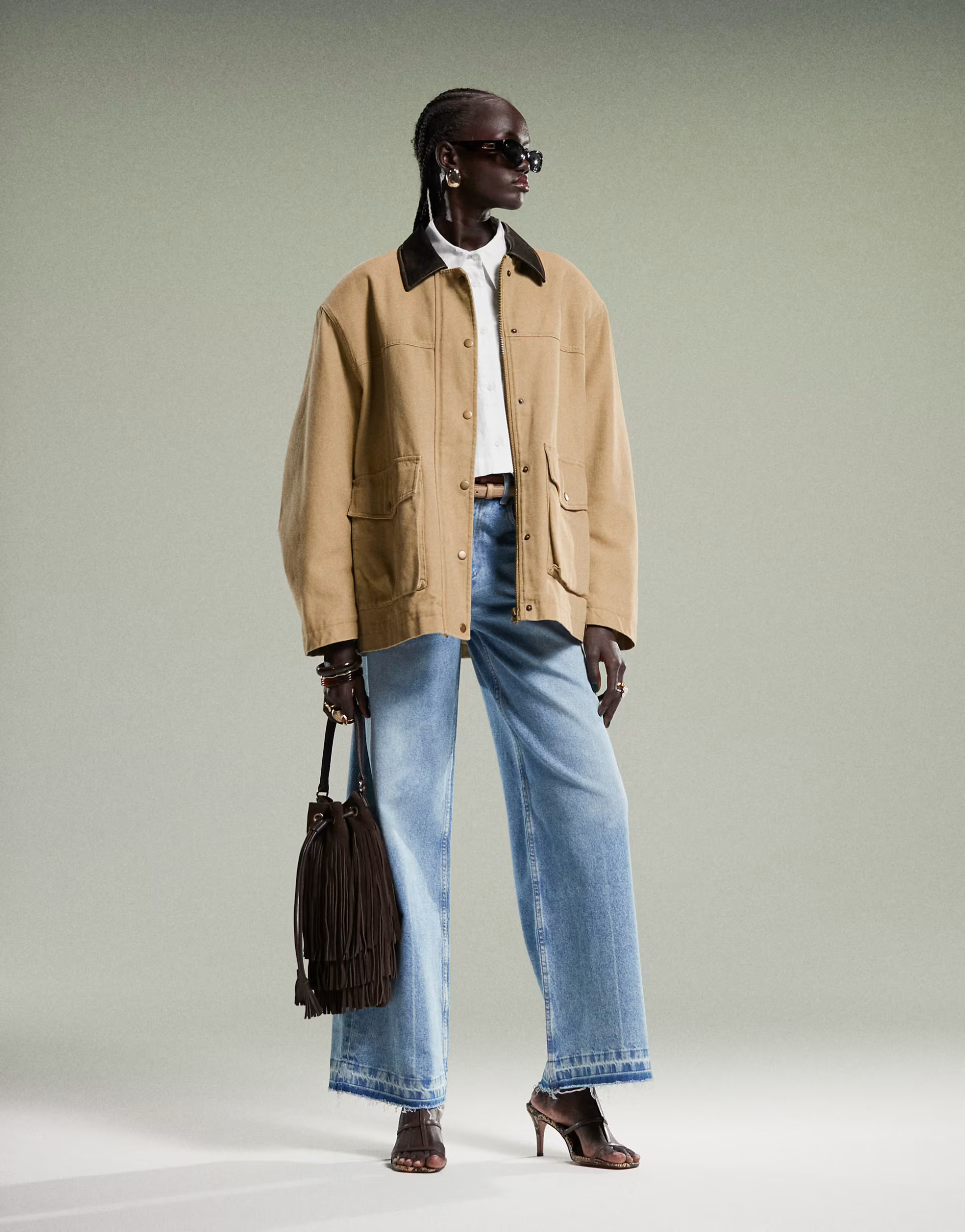 ASOS DESIGN oversized washed barn jacket with leather look collar in stone | ASOS (Global)