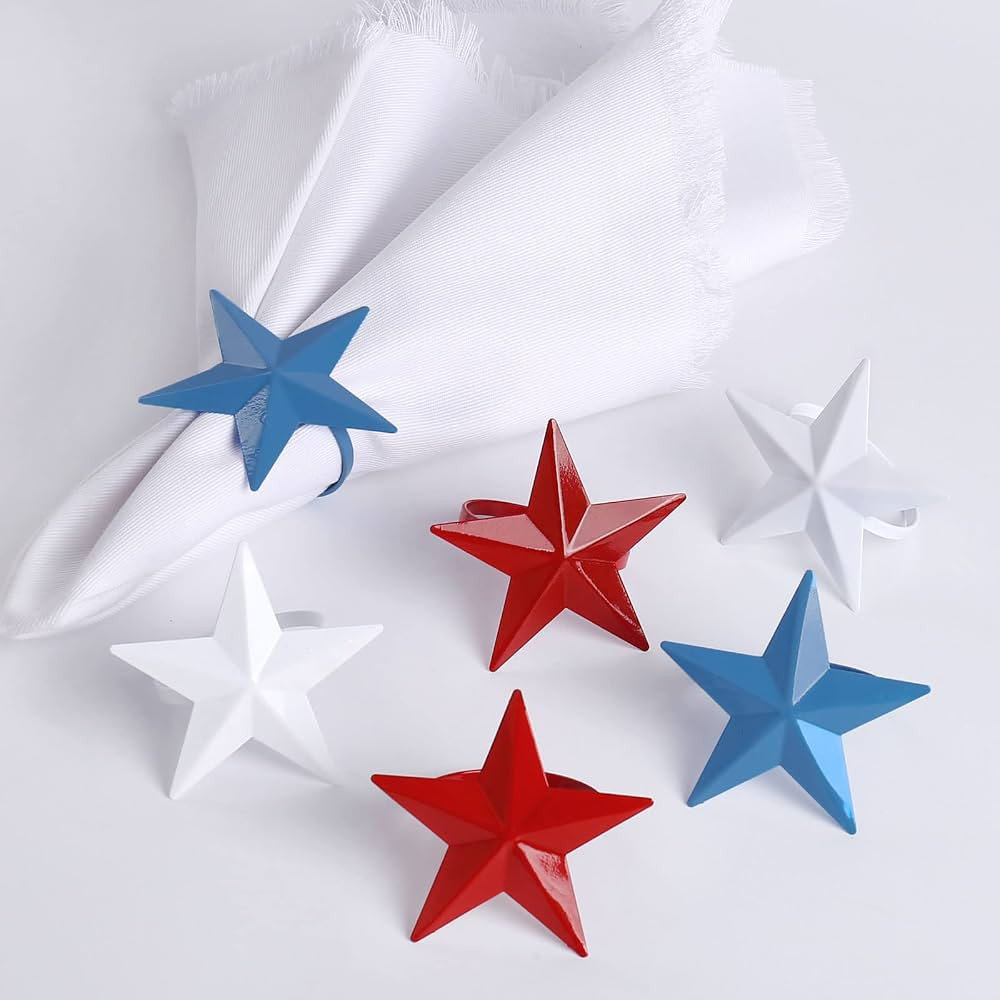 Patriotic Napkin Rings Set of 6, Star Napkin Ring Holders for Independence Day, Flag Day Serviett... | Amazon (US)
