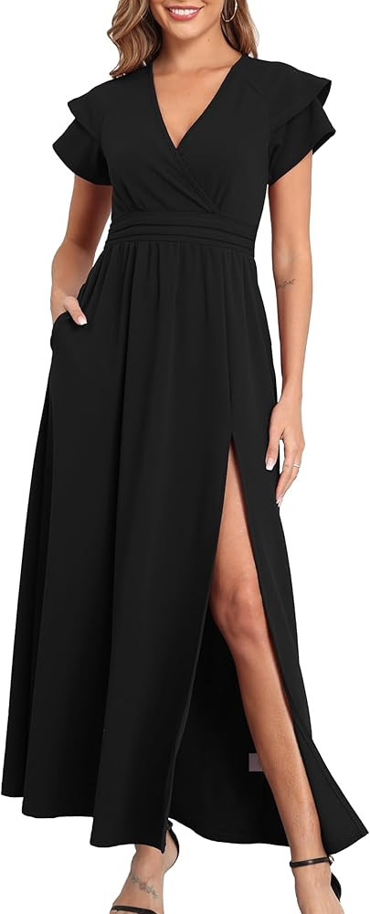 Women V Neck Short Sleeve Sexy Split 2025 Wedding Guest Cocktail Prom Party Flowy Wrap Maxi Dress... | Amazon (US)